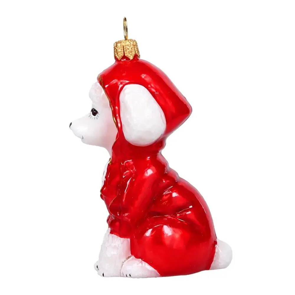 Joy to the World White Poodle in Red Hoodie Polish Glass Christmas Tree Ornament